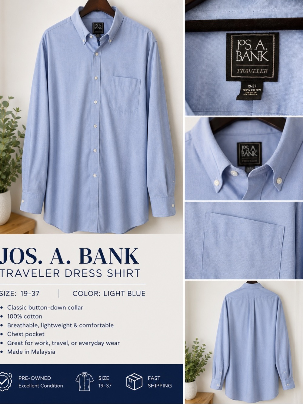 Jos. A. Bank Light Blue Button-Down Traveler Dress Shirt